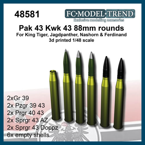 48581  88mm rounds for Pak43/Kwk 43, King Tiger, Jagdpanther, Nashorn, Elefant. 1/48 scale.