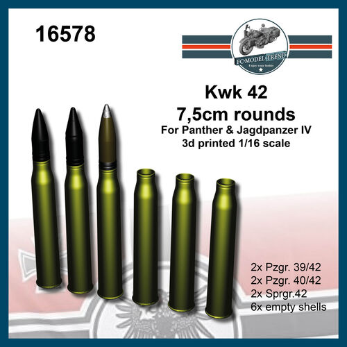 16578 Kwk 43, 7,5cm rounds for Panther & Jagdpanzer IV, 1/16 scale.