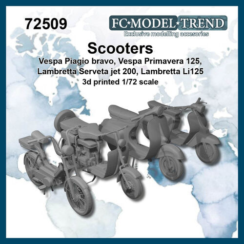 72509 Scooters, Vespa Primavera 125, Vespa Piagio Bravo, lambretta Serveta Jet200 & Lambretta Li125. 1/72 Scale.