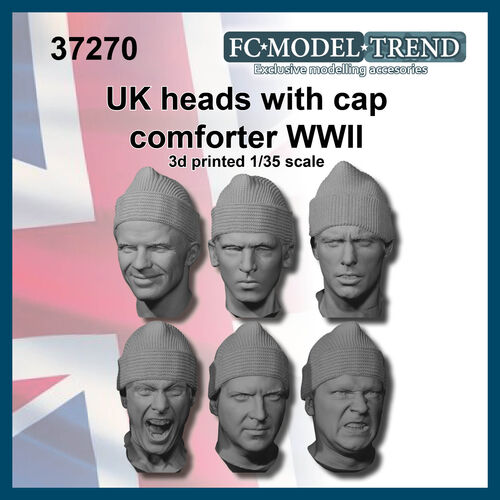 37270 UK heads with cap comforter WWII, 1/35 scale. 3D printed.