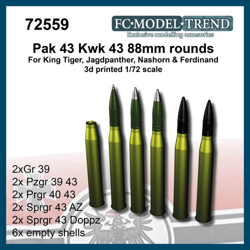 72559  88mm rounds for Pak43/Kwk 43, King Tiger, Jagdpanther, Nashorn, Elefant. 1/72 scale.