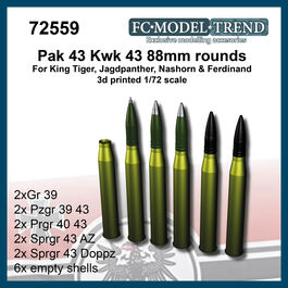 72559  88mm rounds for Pak43/Kwk 43, King Tiger, Jagdpanther, Nashorn, Elefant. 1/72 scale.
