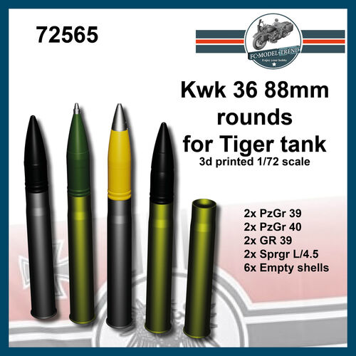 72565 Kwk 36 88mm rounds for Tiger tank. 1/72 scale.