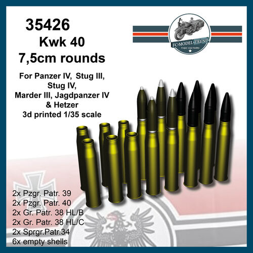 35426 Kwk 40, proyectiles de 7,5cm para panzer IV, Stug III, Stug IV, Marder III, etc. Escala 1/35.